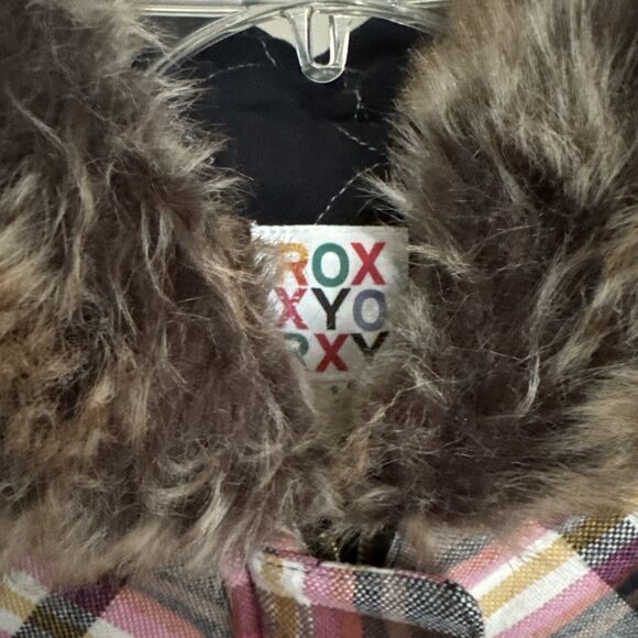 Roxy Women's Large  Faux Fur Hooded  Pink Plaid Jacket/Coat  Pockets - Picture 2 of 12